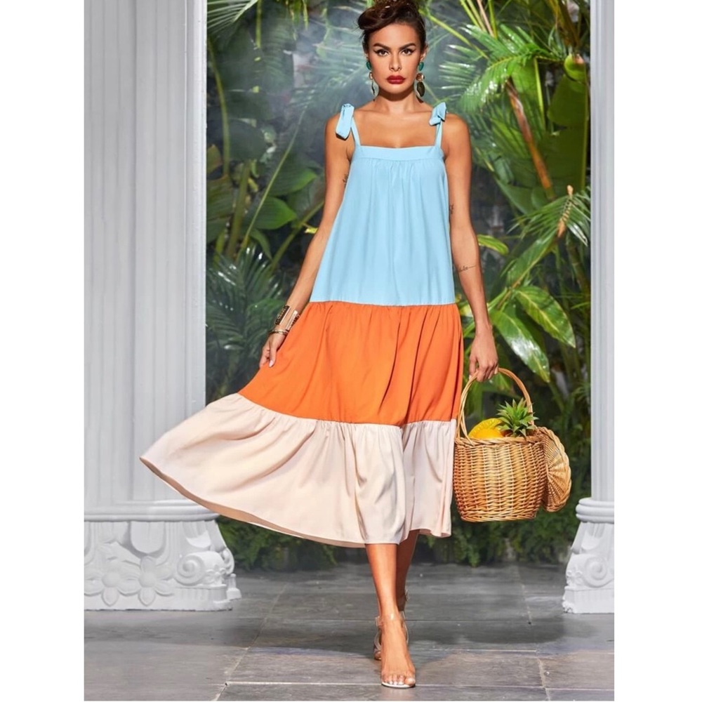 Ruffle Hem Colorblock Knotted Cami Dress